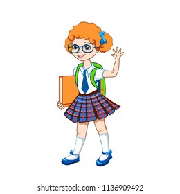 Cute schoolgirl with color books. Vector illustration on white background