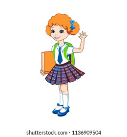 Cute schoolgirl with color books. Vector illustration on white background