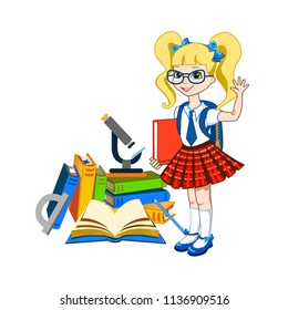 Cute schoolgirl with color books. Vector illustration on white background