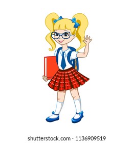 Cute schoolgirl with color books. Vector illustration on white background