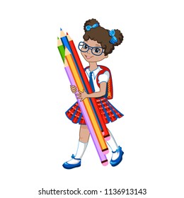 Cute schoolgirl with color pencils.  Vector illustration on white background