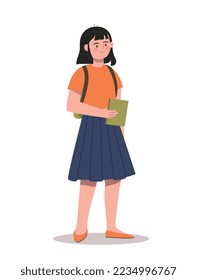 Cute schoolgirl concept. Sticker for social media and messengers. Little girl with book in her hand and briefcase. Information and knowledge, education and training. Cartoon flat vector illustration