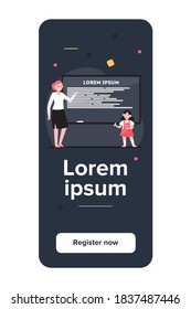 Cute schoolgirl giving report at class blackboard. Primary school pupil, teacher flat vector illustration. Elementary school, education concept for banner, website design or landing web page