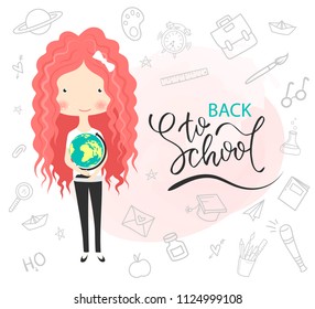 Cute schoolgirl with globe. Back to school. Welcome to school banner.