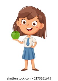 Cute schoolgirl holding fresh green apple. Cute girl cartoon character. September 1. Back to school concept.
