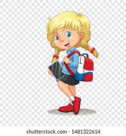 Cute schoolgirl on an empty background with a red backpack. Back to school.