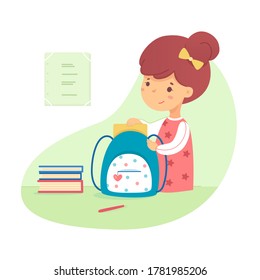 Cute schoolgirl puts books in backpack. Kid getting ready for school. Smiling girl at her room. Vector character illustration of elementary school education, studying lessons, childhood, lifestyle 