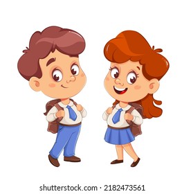 Cute schoolgirl and schoolboy with backpacks. Cute girl and boy cartoon characters. September 1. Back to school concept. 