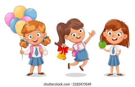 Cute schoolgirl, set of three poses. Cute girl cartoon character. September 1. Back to school concept.