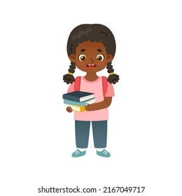 Cute schoolgirl standing and holding books. Cartoon african american girl carry books.