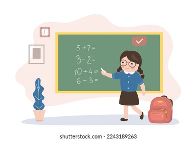 Cute schoolgirl stands at the blackboard and solves mathematical examples. Mathematics lesson, smart girl sudent calculate. Learning process, education. School class interior. Vector illustration