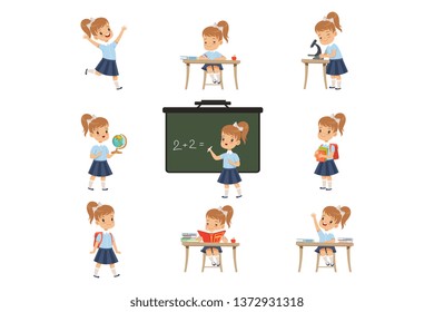 Cute schoolgirl student in uniform in various activities set, girl at lessons of biology, geography, mathematics vector Illustrations on a white background