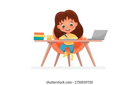 Cute schoolgirl using laptop. Study at home concept. Use for web banner, website, mobile app. Flat cartoon vector illustration isolated on white background.