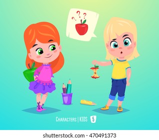 Cute SchoolGirls. Back to School isolated cartoon characters on blue background. Great illustration for a school books and more. VECTOR stock illustration.