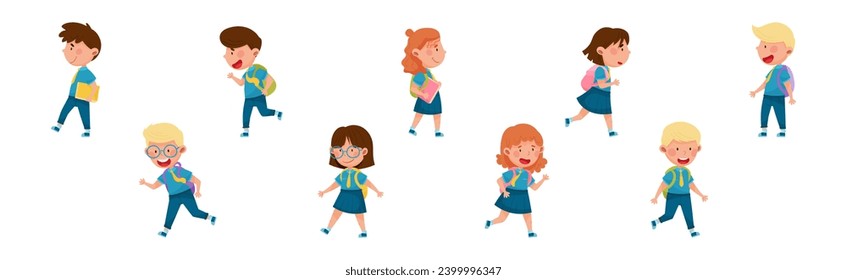 Cute Schoolkid Characters in Blue Uniform Going to School Vector Set