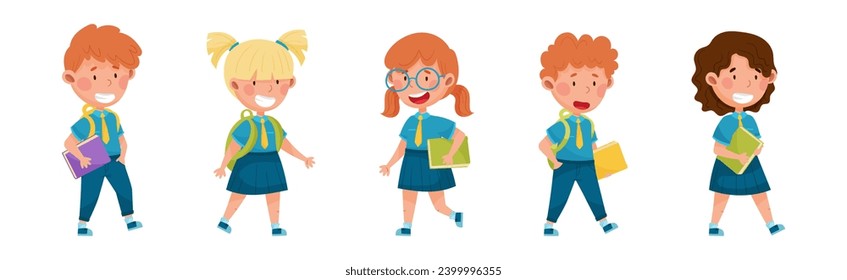 Cute Schoolkid Characters in Blue Uniform Going to School Vector Set