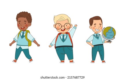 Cute schoolkids in blue uniform going to school set. Happy elementary school student characters cartoon vector illustration
