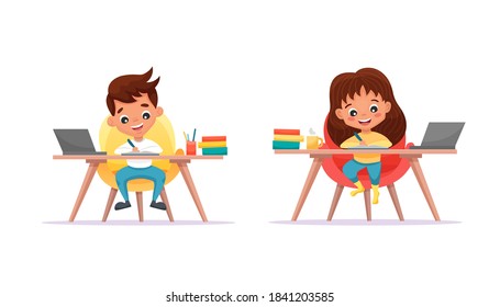 Cute schoolkids girl and boy using laptop. Study at home and online education concept. Use for web banner, website, mobile app. Flat cartoon vector illustration isolated on white background.	
