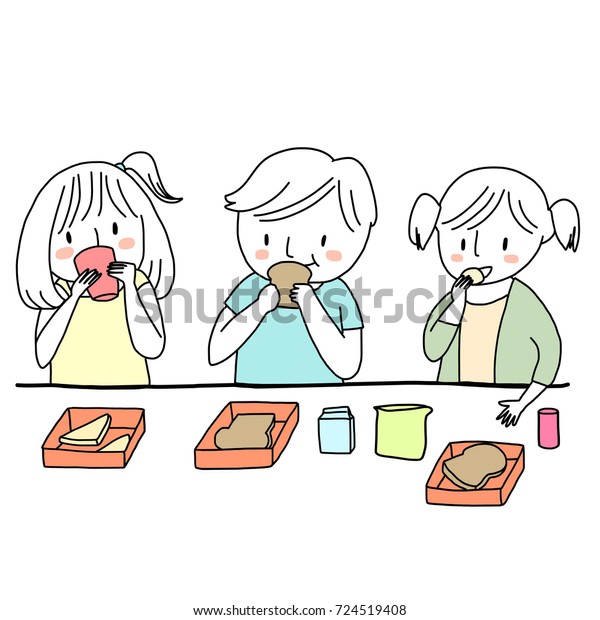 お昼ご飯一緒にするかわいい子供たち チップを飲んだり食べたりする友達と一緒にパンを食べるかわいい少年 手描きのスタイルを持つベクターイラスト のベクター画像素材 ロイヤリティフリー