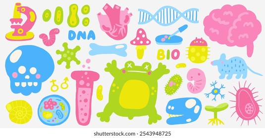 Lindos ícones de biologia científica, sinais, símbolos com engraçado mão desenhada rabiscar microbiologia rã, divisão celular, dna, microscópio, crânio, bactérias, cérebro, plântulas. Conjunto de objetos escolares, científicos e educacionais