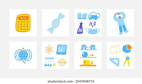 Niedliche Wissenschaft Chemie, Biologie, Physik, Mathematik Komposition, Postkarte mit lustigen Doodle-Säure, Tube, Maske, Mathematik-Diagramm, Würfel-Form, Kompass, Lineal, Teiler. Schule, Wissenschaft, Bildungsobjekte