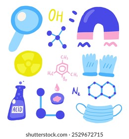 Bela composição tema química ciência, cartão postal com engraçado mão desenhada doodle ácido, tubo, frasco, máscara, molécula, ímã, fórmula, radiação, lupa. Conjunto de objetos escolares, científicos e educacionais