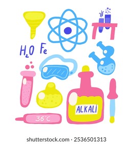 Cute science chemistry theme composition, postcard with funny hand drawn doodle acid, tube, flask, mask, glasses, dropper, formula, atom, firer, alkali, thermometer. School, science, education objects