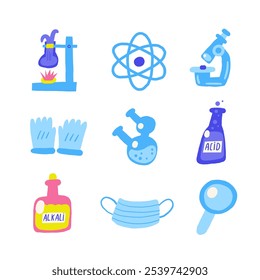 Cute science chemistry theme composition, postcard with funny hand drawn doodle acid, tube, flask, mask, atom, gloves, loupe, microscope, alkali. School, science, education objects set