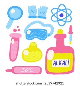 Cute science chemistry theme composition, postcard with funny hand drawn doodle acid, tube, flask, gloves, glasses, atom thermometer, alkali, dropper, loupe. School, science, education objects set