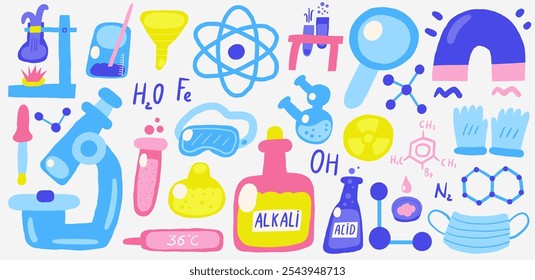 Bela composição tema química ciência, cartão postal com engraçado mão desenhada doodle ácido, tubo, frasco, máscara, molécula, ímã, fórmula, radiação, átomo, conta-gotas. Conjunto de objetos escolares, científicos e educacionais