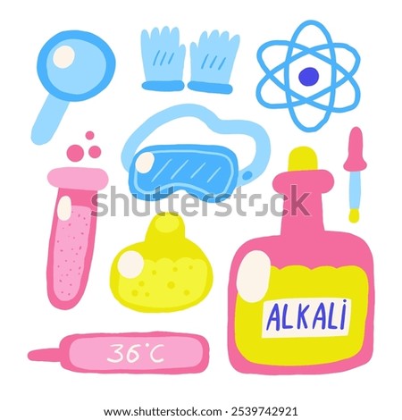 Cute science chemistry theme composition, postcard with funny hand drawn doodle acid, tube, flask, gloves, glasses, atom thermometer, alkali, dropper, loupe. School, science, education objects set