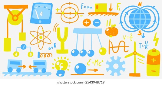 Tema lindo de la física de la ciencia con el átomo del garabato, bulbo, manzana de la gravitación, herramienta eléctrica, mecánica, campo del imán, batería, amperímetro, péndulo, molino de viento, engranaje. Escuela, ciencia, conjunto de objetos de educación