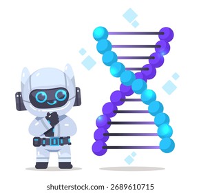 Robô bonito da ciência estuda cuidadosamente o DNA. Conceito de tecnologia genética em fundo isolado