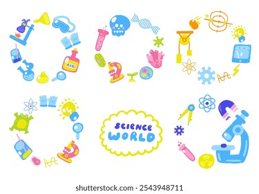 Lindo Anuncio temático de ciencia, conjunto de corona con divertida química de doodle dibujado a mano, biología, tubo de ensayo de física, ácido, frasco, brújula, estructura atómica, microscopio. Anuncio redondo del círculo de Doodle, invitación, tarjeta