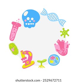 Cute science theme composition, banner, wreath with funny hand drawn doodle skull, tube, microscope, virus, bacteria, heart, dna, cell, plant. Hand drawn doodle circle round banner, invitation, card