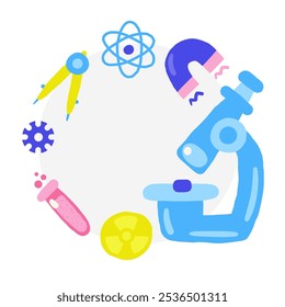 Cute science theme composition, banner, wreath with funny hand drawn doodle chemistry test tube, acid, flask, bottle, compass, atom structure, microscope. Hand drawn doodle circle round banner, invita