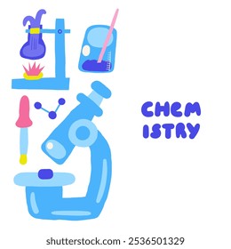 Cute science theme composition, banner with funny hand drawn doodle chemistry test tube, acid, flask, bottle, dropper, atom structure, microscope. Hand drawn doodle banner, invitation, card