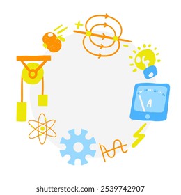 Cute science theme composition, banner with hand drawn doodle lightning, force, graphic, ammeter, bulb, atom, gravitation, mechanics. Hand drawn doodle physics circle round banner, invitation, card