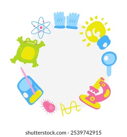 Linda composición temática de ciencia, Anuncio con divertida rana doodle dibujada a mano, guantes, bombilla, estructura atómica, virus, frasco, microscopio, célula. Anuncio redondo dibujado a mano del círculo del doodle, invitación, tarjeta