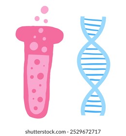 Cute science theme composition, postcard with funny hand drawn doodle dna spiral structure shape, test tube. School, science, education objects set