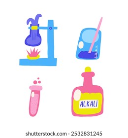 Cute science theme composition, postcard with funny hand drawn doodle chemistry bottle, jar, flask, test tube, acid, alkali. School, science, education objects set