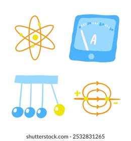 Cute science theme composition, postcard with funny hand drawn doodle atom, magnet fields, ammeter, electric tool, mechanics. School, science, education objects set