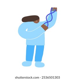 Cute science theme composition, postcard with funny hand drawn doodle black african scientist, dna. School, science, education objects