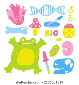 Cute science theme composition, postcard with funny hand drawn doodle biology, microbiology microscope, embryo, cell, skull, tube, bone, virus, bacteria, frog. School, science, education objects set