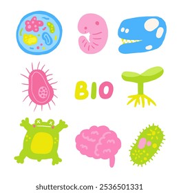 Composição tema ciência bonito, cartão postal com engraçado mão desenhada doodle biologia, microbiologia sapo, cérebro, embrião, dino, mudas, célula, crânio, osso, vírus, bactérias. Objetos de escola, ciência e educação 