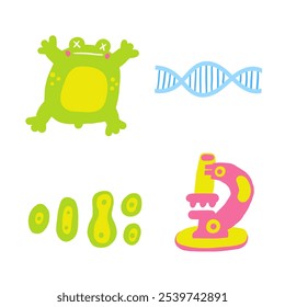 Cute science theme composition, postcard with funny hand drawn doodle biology, microbiology frog, cell division, dna structure, microscope tool. School, science, education objects set