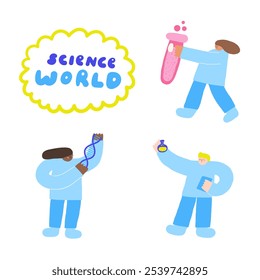 Bela composição tema ciência, cartão postal com engraçado mão desenhada doodle cientista, tubo de teste, frasco, jar, dna. Objetos de escola, ciência e educação