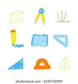 Cute science theme composition, postcard with funny hand drawn doodle math diagram, cube shape, compass, triangle ruler, divider, pencil, student book, pyramid, shape. School, science, education 