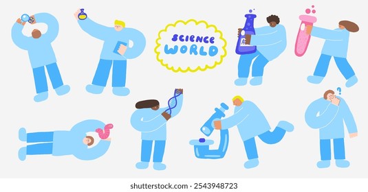 Nette wissenschaftliche Themenkomposition, Postkarte mit lustigen handgezeichneten Doodle Biologie, Chemie, Physik Wissenschaftler Forschung. Schule, Wissenschaft, Bildung Symbol