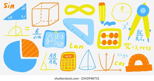 Cute science theme with funny hand drawn doodle math diagram, cube shape, compass, triangle ruler, divider, calculator, student book, abacus, formula, angle. School, science, education objects set